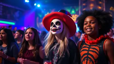 Three young people in Halloween costumes are smiling and looking up at something off-camera at an event with colorful lighting.