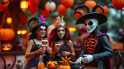 Three people in elaborate Halloween costumes are gathered around a table outdoors, with festive orange and red lanterns hanging in the background. The person on the left wears a witch costume with colorful face paint, the person in the middle is dressed as a queen with a crown and dramatic makeup, and the person on the right is in a skeleton costume with a cape.