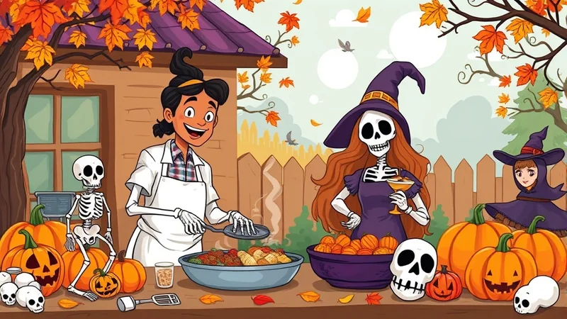 A festive Halloween scene with a person in an apron cooking, a skeleton in a witch hat holding a drink, and a child in a witch costume, all surrounded by pumpkins and autumn leaves.