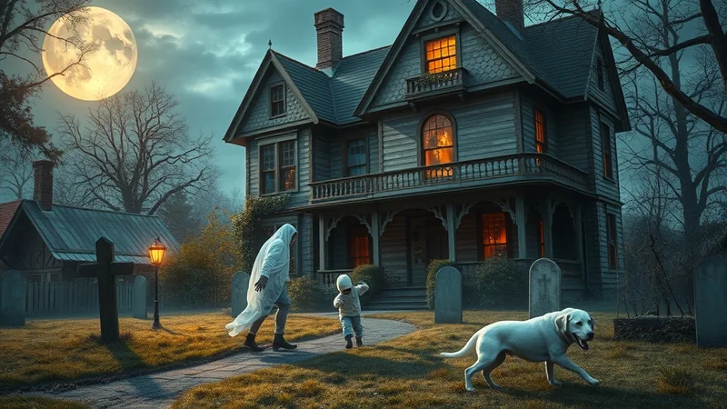 A spooky, dimly lit scene on Halloween night features a haunted house with glowing windows, a full moon, and bare trees. A person in a ghost costume and a child walk through a graveyard towards the house, accompanied by a white dog.