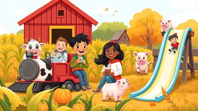 A cheerful autumn farm scene with children and pigs. A cow peeks out of a toy train, while two children sit beside it, holding drinks. Another child slides down a blue and yellow slide, with pigs playing nearby. A red barn and corn stalks complete the festive, fall atmosphere.