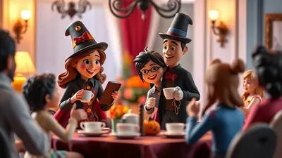 A cartoon family dressed in Halloween costumes, including a witch and a magician, are gathered around a table for tea, with a small pumpkin decoration on the table.