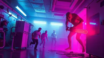 A terrifying, bald, pale creature with sharp teeth and glowing red eyes holds a glowing chainsaw and lunges towards three men who are running away in a dimly lit, neon-lit laboratory.