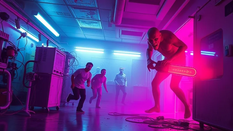 A terrifying, bald, pale creature with sharp teeth and glowing red eyes holds a glowing chainsaw and lunges towards three men who are running away in a dimly lit, neon-lit laboratory.