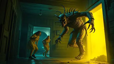 A terrifying, skeletal monster with horns and sharp claws emerges from a brightly lit doorway, startling two young women in yellow dresses who are fleeing down a dark hallway.