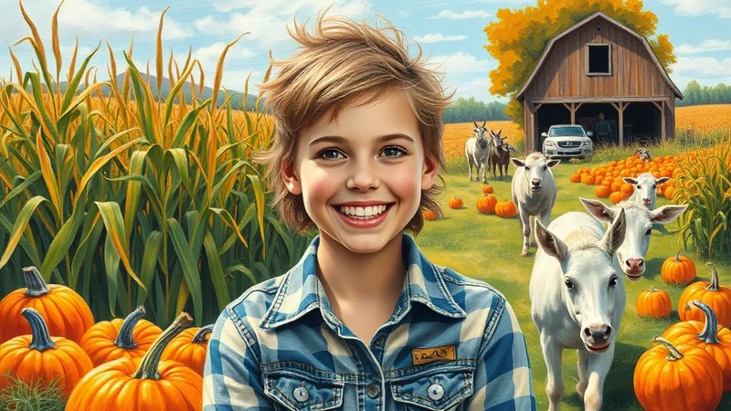 A smiling young child with tousled blonde hair, wearing a blue plaid shirt, stands in a cornfield with pumpkins and cows in the background, with a barn and autumn trees further behind.