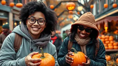 Two smiling young Black women are holding pumpkins and walking down a street decorated for Halloween with jack-o-lanterns hanging overhead.