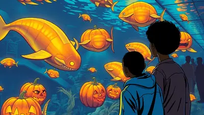 Two children look at an aquarium tank filled with fish shaped like pumpkins and other sea creatures. The scene has a Halloween theme.