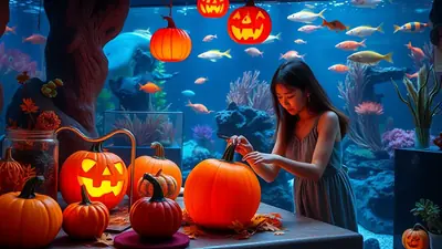 A young woman carves a pumpkin in front of a large aquarium filled with fish, with several carved pumpkins and Halloween decorations visible.