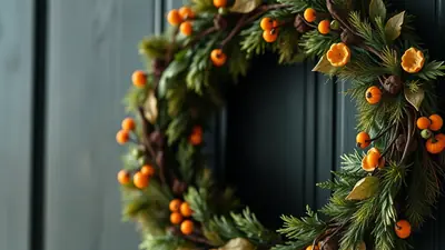 A festive fall wreath made of evergreen branches, adorned with small orange pumpkins, berries, pinecones, and delicate orange flowers, hangs against a dark, paneled background.