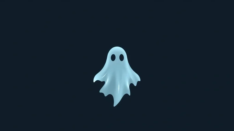 A cute, cartoonish, light blue ghost with two black oval eyes floats against a dark blue background.