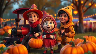 Three cartoon children in Halloween costumes are sitting and standing in a pumpkin patch with a toy train behind them. The child on the left wears a witch hat and red scarf, the child in the middle wears a red hooded costume, and the child on the right wears a yellow hooded costume with polka dots. The scene is festive and autumnal, with string lights and tents visible in the background.
