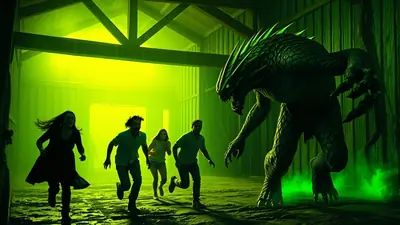 A group of four people are running away from a large, green, reptilian monster inside a dimly lit barn with bright green lighting. The monster has sharp claws and spikes, and the people appear terrified.