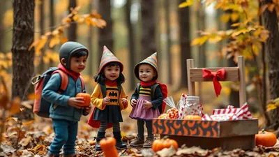 Three children in Halloween costumes stand in a forest clearing filled with autumn leaves. Two young girls wear witch hats and capes, while a boy wears a helmet and backpack, holding a small pumpkin. A wooden stand with candy and pumpkins is set up nearby.