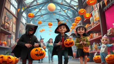 A group of children in Halloween costumes, holding pumpkins and walking through a festive market decorated with pumpkins and string lights.