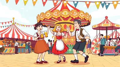 Three people in traditional German attire are dancing and holding beer mugs at a lively outdoor festival with a carousel and tents in the background.