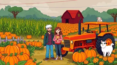 A couple stands in a pumpkin patch with a tractor and a barn in the background, a white cat and a piglet are also present.