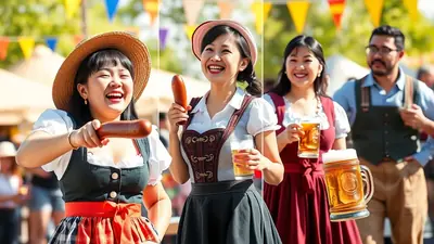 Three smiling Asian women in traditional German dirndl dresses and a man in lederhosen are at an outdoor festival, holding sausages and beer steins.