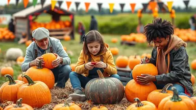 A diverse family enjoys a pumpkin patch on a cloudy day, with a man holding a pumpkin, a young girl looking at her phone, and a woman selecting a pumpkin.