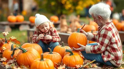 An elderly person and a young child are sitting on the ground surrounded by pumpkins and autumn leaves, appearing to be decorating or carving pumpkins.