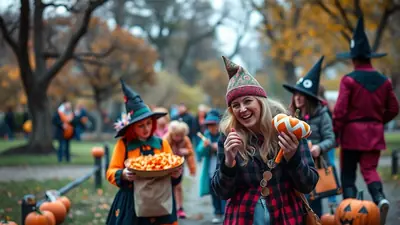 A group of people in Halloween costumes, including witches and a person dressed in red, are walking in a park with autumn foliage. A woman in the foreground is smiling and holding a small decorative pumpkin.