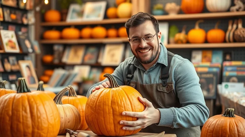 A smiling man with glasses and a beard, wearing a denim shirt and apron, holds a large orange pumpkin in a store filled with pumpkins and books.