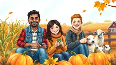 Three people, two young adults and a child, sit in a wagon filled with pumpkins and hay, with sheep nearby and a barn in the background, evoking a festive autumn harvest atmosphere.