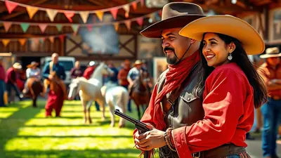 A smiling couple dressed as cowboys, with the man holding a pistol, stand in front of a festive outdoor gathering with horses and people in the background.