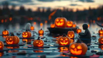 Several glowing jack-o'-lanterns float on a dark body of water at dusk, with a silhouette of a person sitting among them. The scene is set against a blurred background of trees and distant lights, creating a festive and slightly eerie Halloween atmosphere.