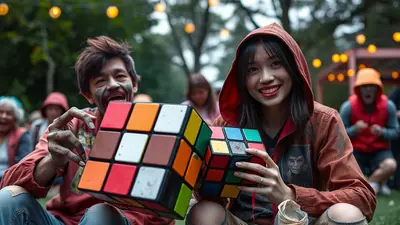 Two people in zombie makeup, one holding a large Rubik's Cube and the other a smaller one, are posing for a photo outdoors at night with string lights in the background.