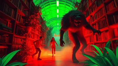 A terrifying werewolf lunges at two people running away in a dimly lit library with red and green lighting.