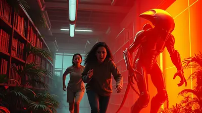 Two young women are running away from a menacing, red-lit alien creature in a library with tall bookshelves and plants. The mood is suspenseful and action-packed.