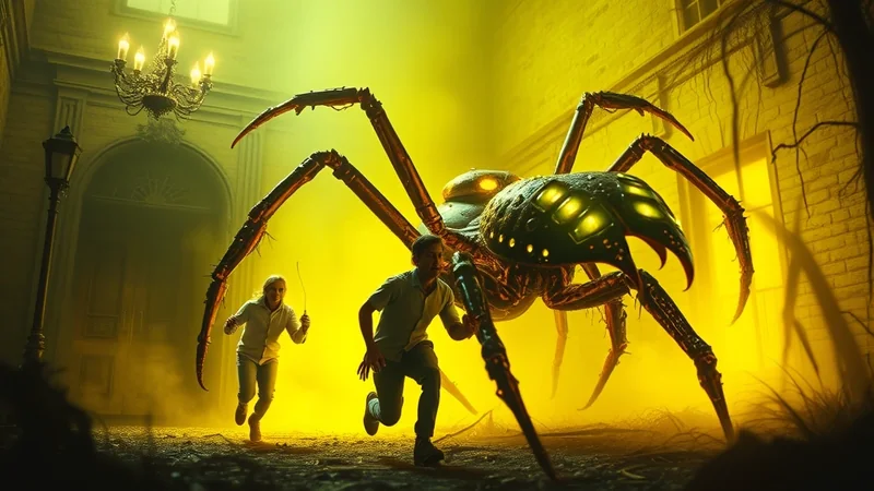 Two people are running away from a giant, monstrous spider in a dimly lit, eerie setting with a chandelier overhead.