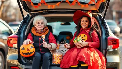 An elderly woman and a young girl dressed in Halloween costumes are sitting in the open trunk of a car, surrounded by candy and Halloween decorations.