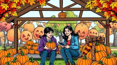 Two young girls sit on a bench at a pumpkin patch, surrounded by many pumpkins and festive fall decorations. The girl on the left holds a pumpkin, while the girl on the right reads a book. The scene is cheerful and autumnal.