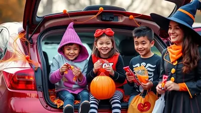 A group of children in Halloween costumes are sitting in the open trunk of a car, holding candy and trick-or-treat bags. A woman dressed as a witch stands nearby, smiling.
