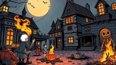 A group of people are gathered around a bonfire on Halloween night in front of spooky houses. A person with white hair is making flames shoot from their head, while a skeleton figure made of fire stands nearby. Two children and a large pumpkin figure are also present, with jack-o'-lanterns and bats adding to the eerie atmosphere.