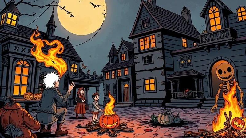 A group of people are gathered around a bonfire on Halloween night in front of spooky houses. A person with white hair is making flames shoot from their head, while a skeleton figure made of fire stands nearby. Two children and a large pumpkin figure are also present, with jack-o'-lanterns and bats adding to the eerie atmosphere.