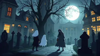 A spooky Halloween scene in a graveyard at night, with a large full moon, silhouetted tombstones, and two figures in cloaks interacting with a small ghost.