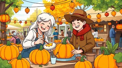 A cheerful grandmother and grandson are carving pumpkins at an outdoor autumn festival, surrounded by pumpkins, fall decorations, and other people enjoying the festivities.
