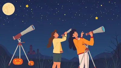 Two young women are stargazing at night with telescopes, with a large moon and stars in the sky. In the foreground, there are jack-o'-lanterns and a castle in the distance, suggesting a Halloween theme.