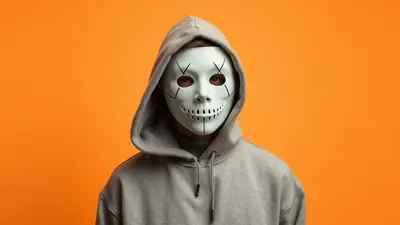 A person wearing a white mask with black stitches and a grey hooded sweatshirt stands against an orange background.