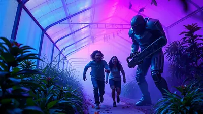 Two people are running away from a menacing robot holding a chainsaw inside a greenhouse with purple and blue lighting.