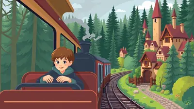 A young boy with brown hair smiles as he rides a train through a forest, passing a quaint village with red-roofed houses and tall spires.