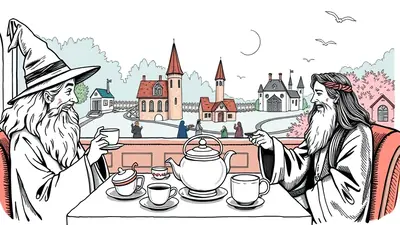 Two wizards, Gandalf and Saruman, are sitting at a table with a tea set and cups, enjoying tea outdoors with a village and castles in the background.