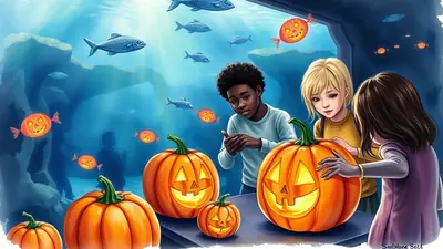 Three children, two girls and a boy, are looking at carved jack-o'-lanterns in an aquarium. Fish and pumpkin-shaped candies swim in the blue water behind them.