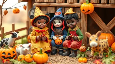 Three cute, stylized dolls dressed in Halloween costumes are sitting together in a festive outdoor setting with pumpkins and toy farm animals.