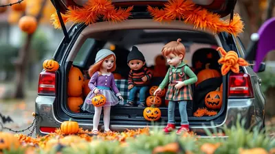 Three dolls are arranged in the open trunk of a car, decorated for Halloween with pumpkins and orange garland. The dolls are dressed in costumes, and the scene is set outdoors with fallen autumn leaves.