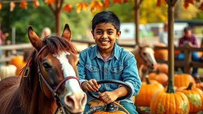 A young boy with dark hair and a wide smile, wearing a denim jacket, sits on a pumpkin ride with a horse in front of him. The scene is set at a fall festival with pumpkins and autumn decorations visible in the background.