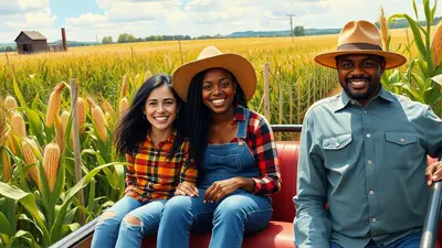 Three smiling farmers, two women and one man, sit in a wagon surrounded by a cornfield under a partly cloudy sky. The woman on the left wears a plaid shirt and ripped jeans, the woman in the middle wears denim overalls and a plaid shirt, and the man on the right wears a blue button-down shirt and a tan hat. They are all looking at the camera and appear happy and relaxed.